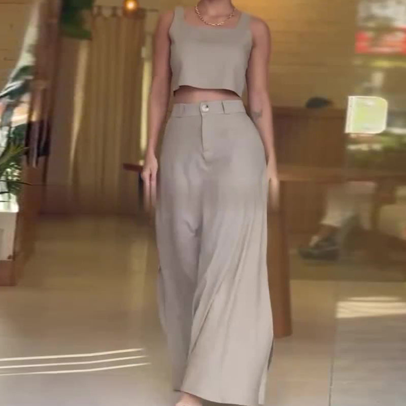 Woman Square-neck Short Sleeveless Sling High Waist Skirt Casual Suit