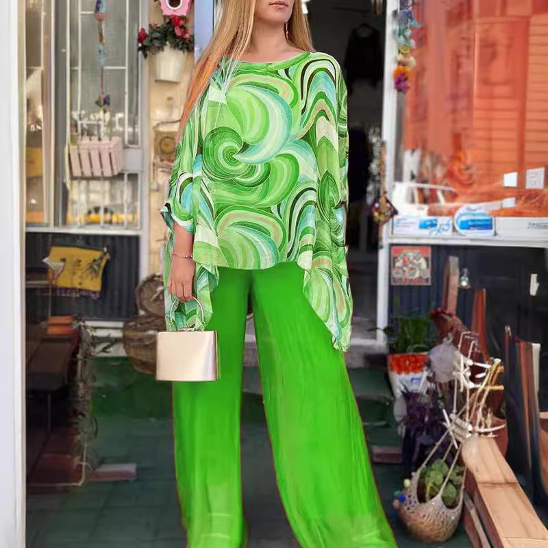 Summer New Colorful Chiffon Suit Casual Round Neck Printed Two-piece Suit