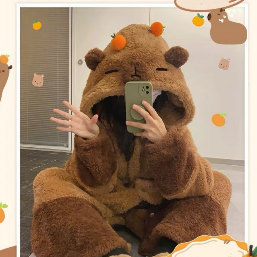 Capribala Dolphin Door Coral Fleece Thickened One-piece Pajamas Trousers Suit