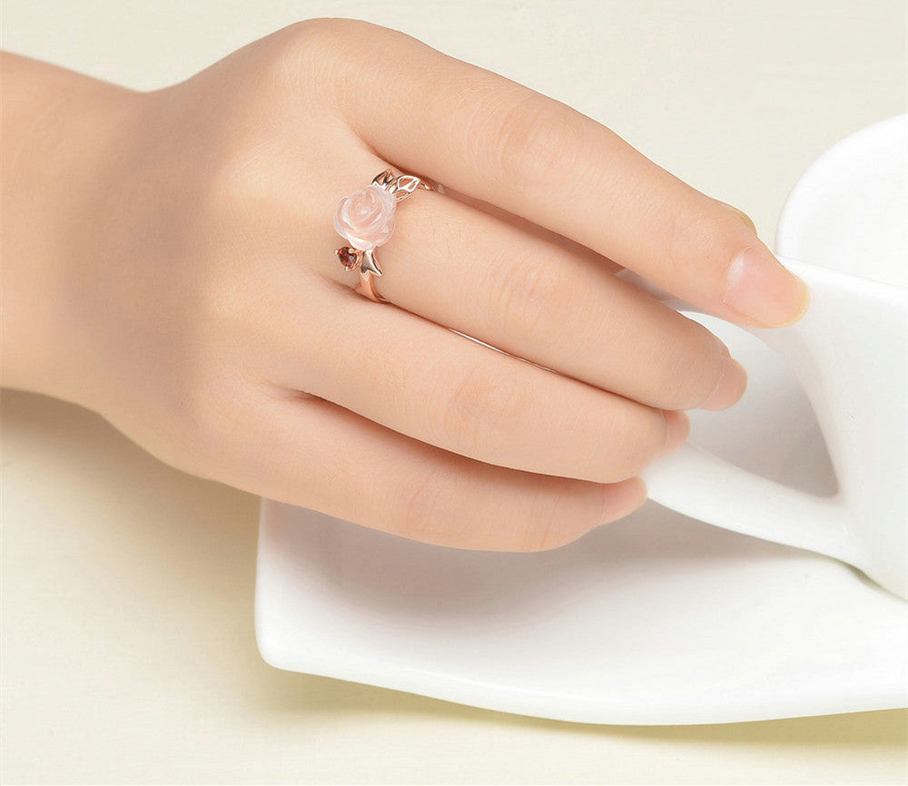 Handmade Hibiscus Stone Rose Flower  Female Ring Wholesale Jewelry