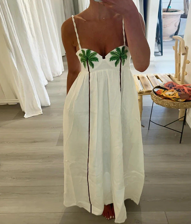 Summer New Fashion Temperament Coconut Tree Printed Suspender Dress