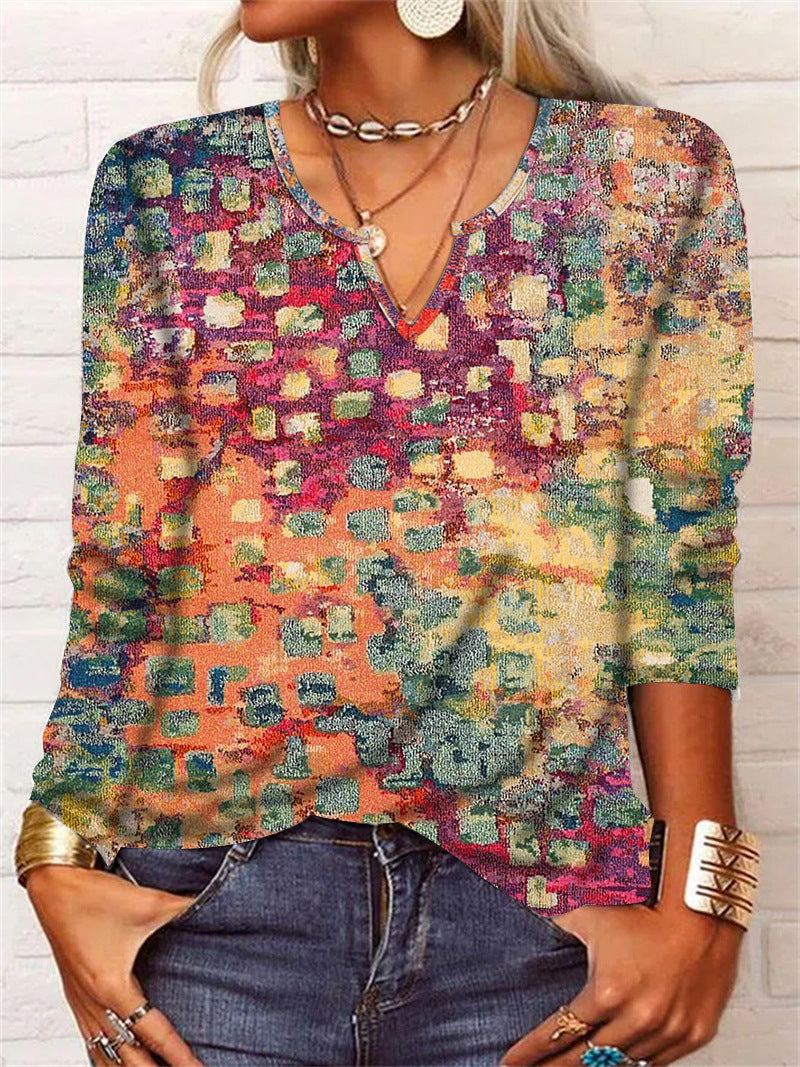 Women's Casual Ethnic Style V-neck Long-sleeved T-shirt