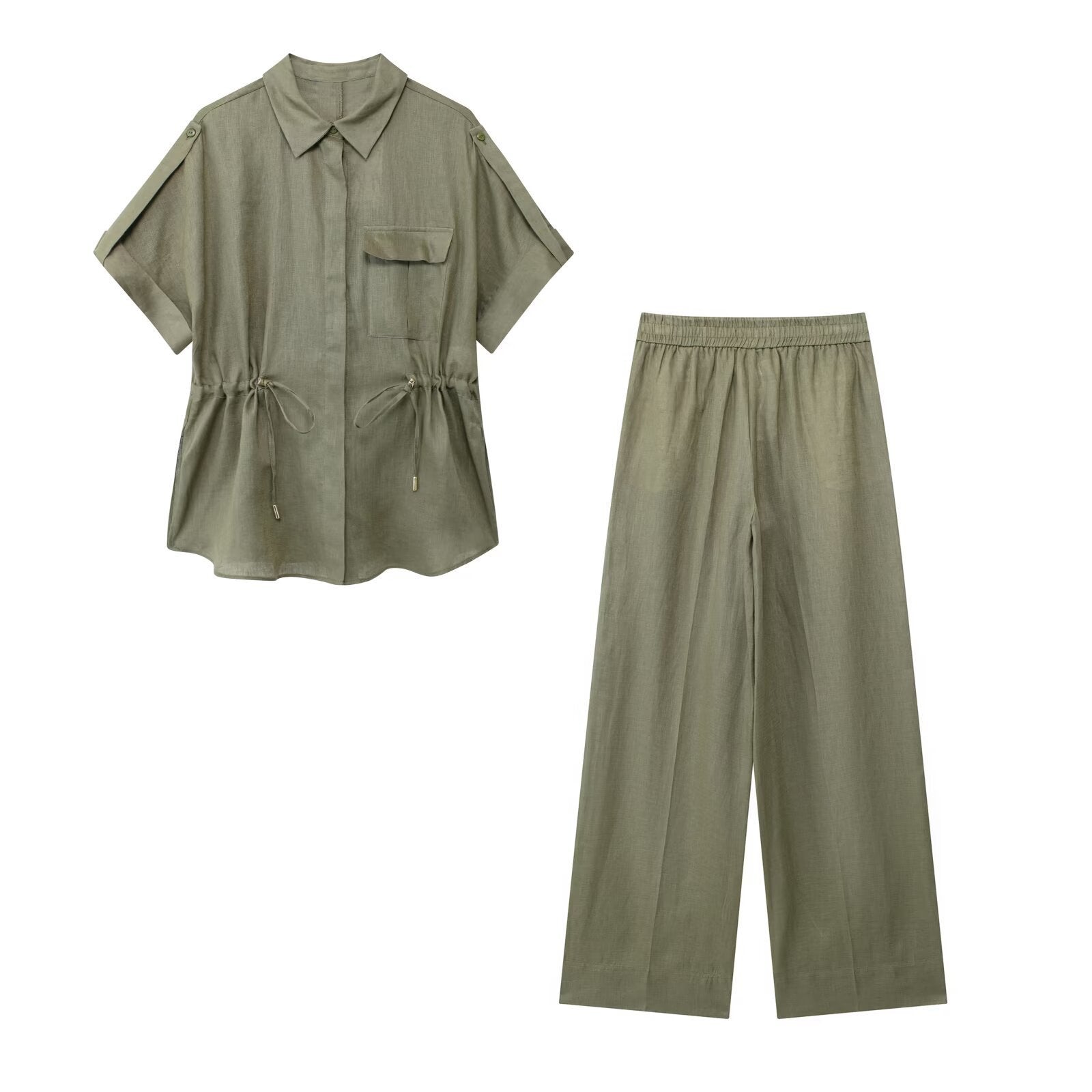 Europe And America Cross Border Women's Linen Adjustable Waist Shirt Straight-leg Pants Suit