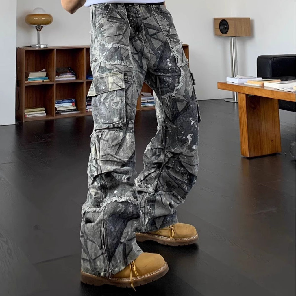 Camouflage Raw Hem Jeans Men And Women Multi-pocket Workwear