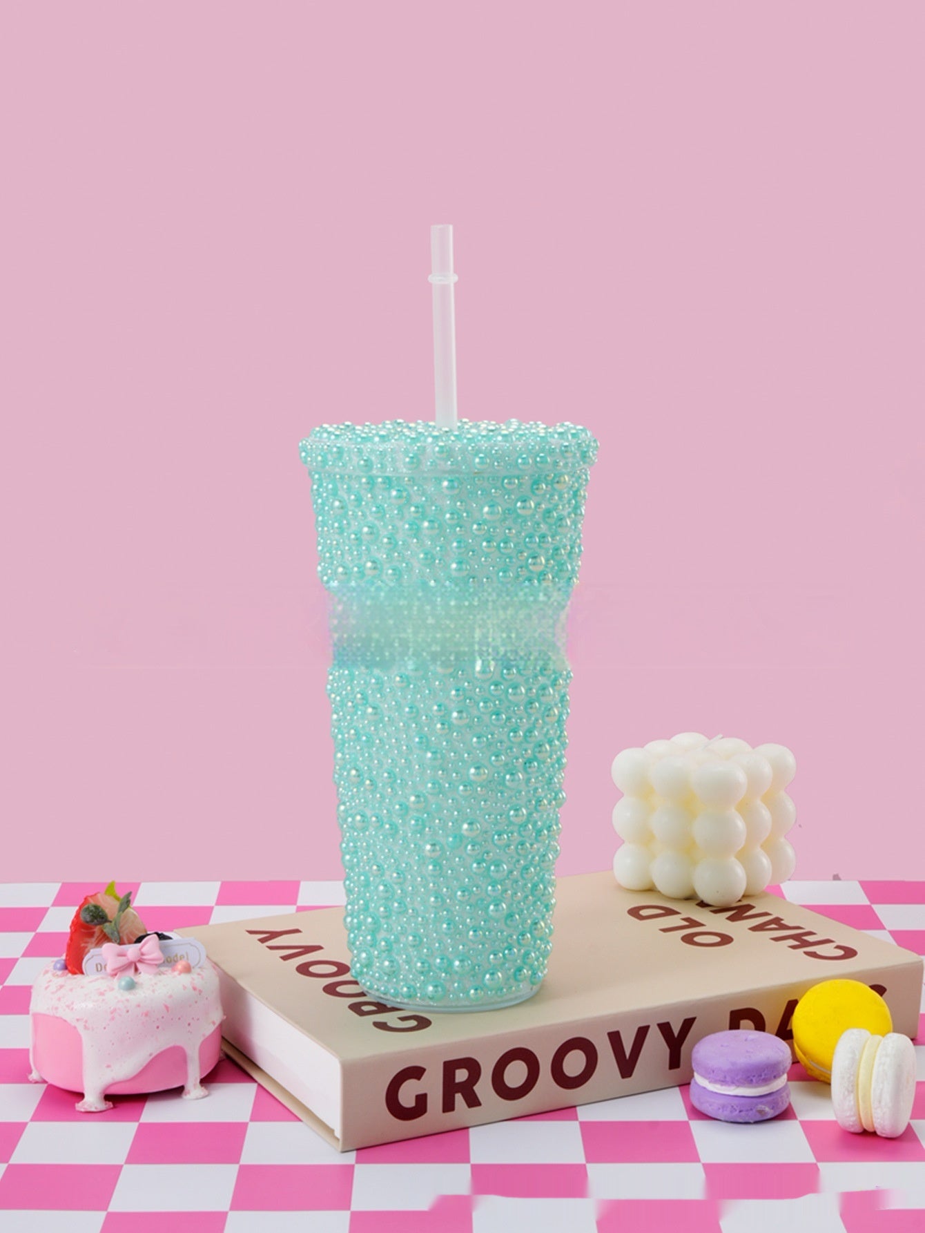 Stick-on Crystals Double-layer Large Capacity Cup With Straw