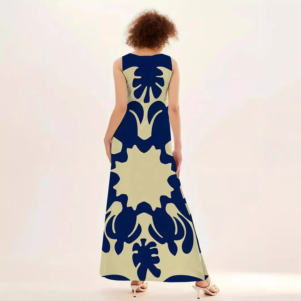 French Style Temperament Printed V-neck Printed Long Dress