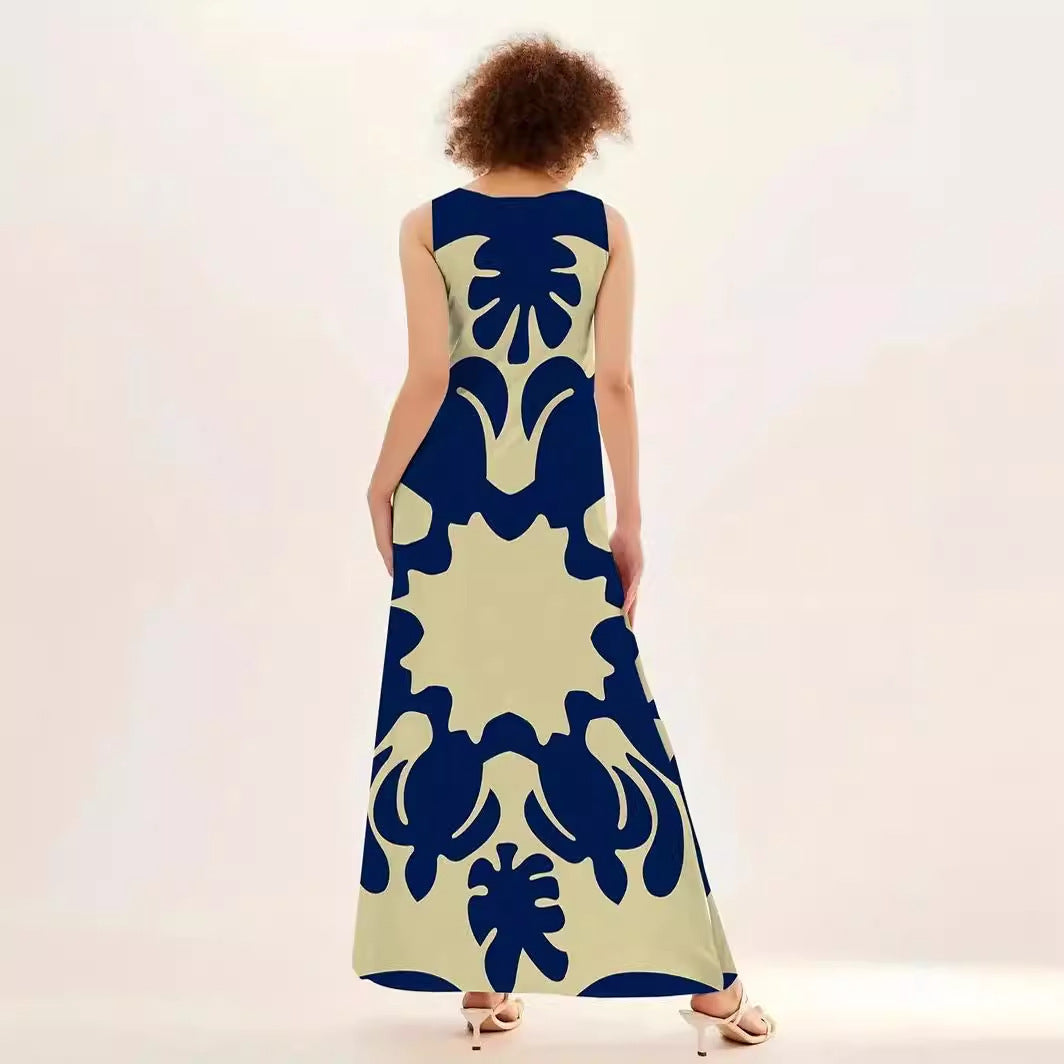 French Style Temperament Printed V-neck Printed Long Dress