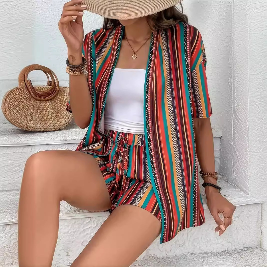 Holiday Floral Print Elegant Two-piece Shirt Short Sleeve Top Drawstring High Waist Shorts