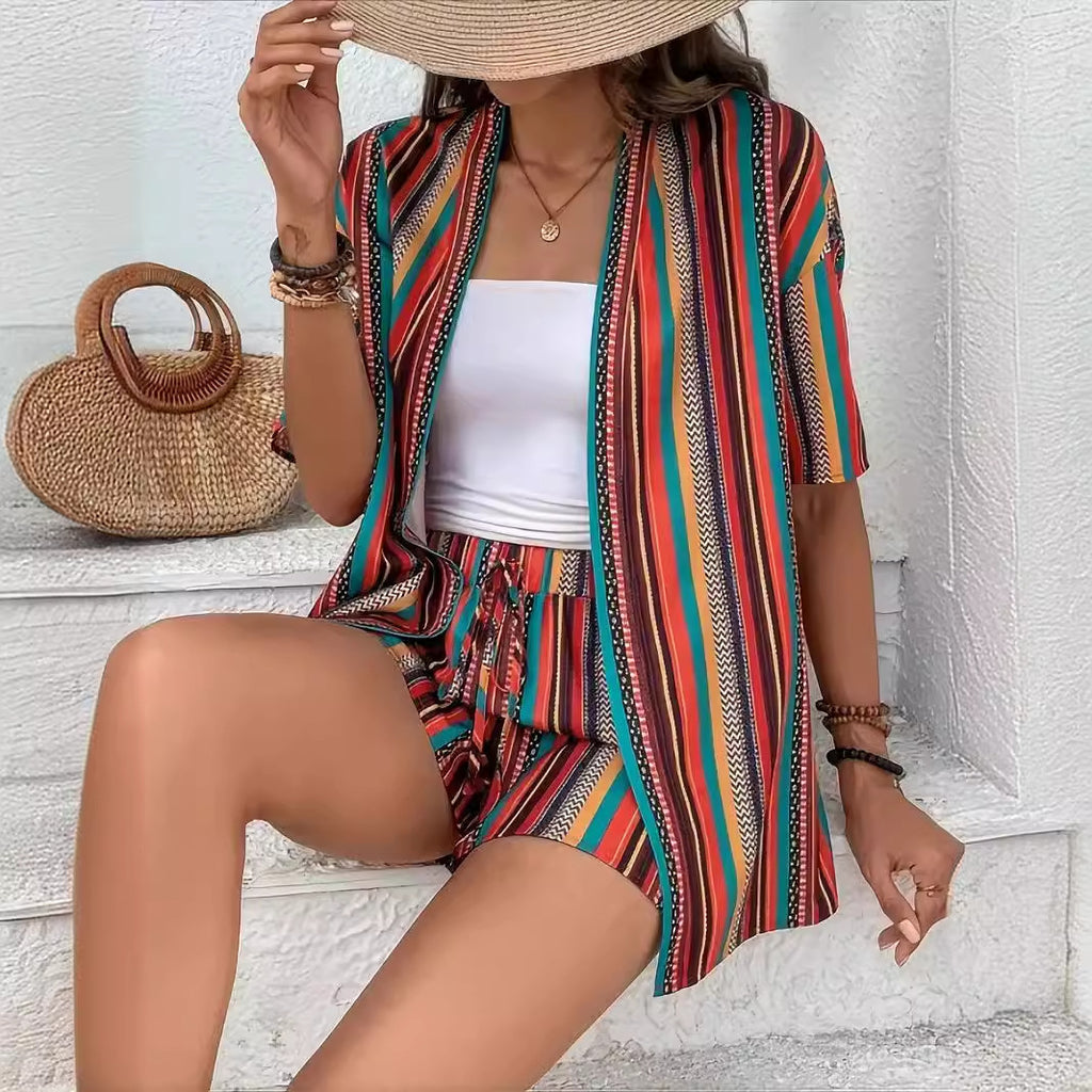 Holiday Floral Print Elegant Two-piece Shirt Short Sleeve Top Drawstring High Waist Shorts