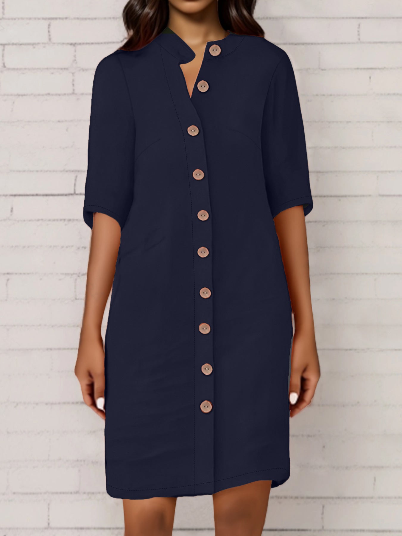 Shirt Collar Half Sleeve Large Round Buckle Cotton And Linen Dress