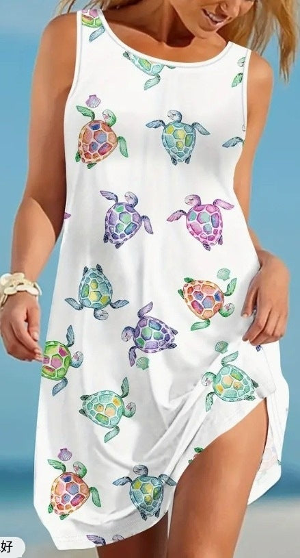 Turtle Print Loose Tank Casual Sleeveless Dress Spring And Summer