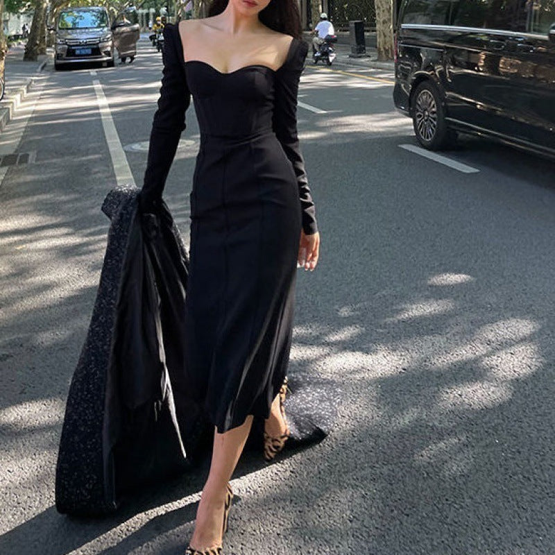 Vintage French Style Square Neck Long Sleeve Dress
