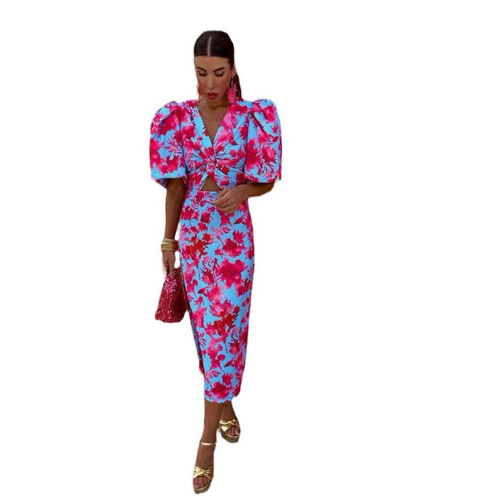 Women's Deep V-neck Slim-fit Short-sleeved Long Dress