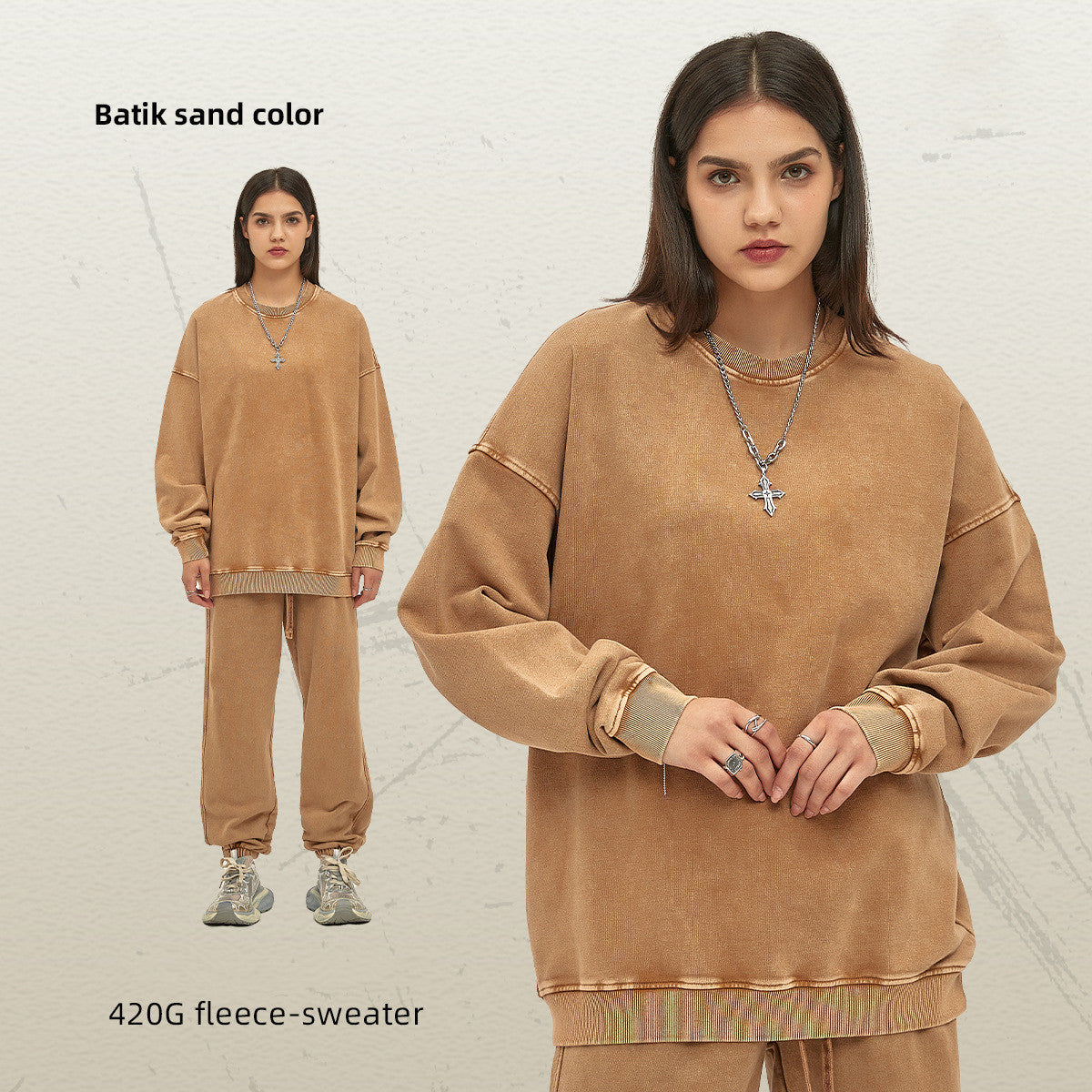 Men's Waxed Heavy Round Neck Sweater Fashion Brand Pure Color Washed Retro Top