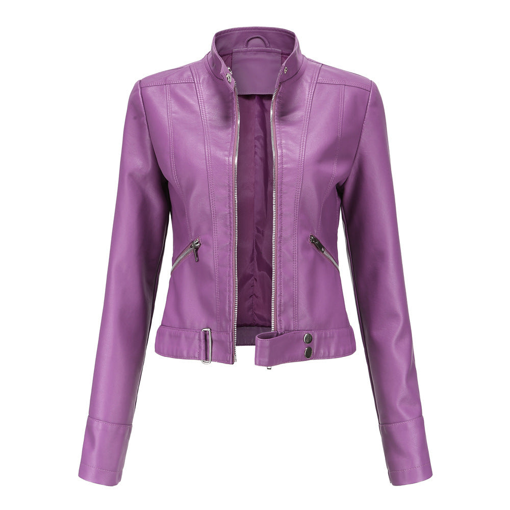 Ladies Leather Jacket With Stand-up Collar