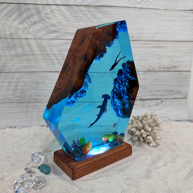 Hammerhead Shark Ocean Small Night Lamp Solid Wood Epoxy Ornament Decoration
