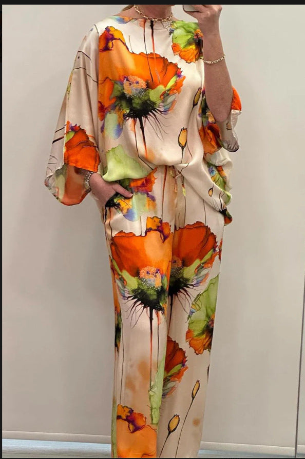 Indian Casual Round Neck Printed Satin Suit