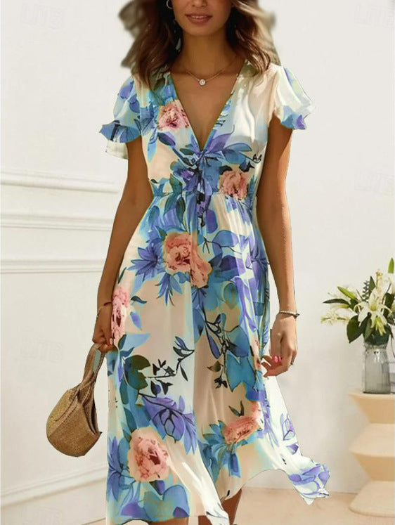 Printed Bohemian Women's V-neck Mid-length Dress Sleeveless Summer
