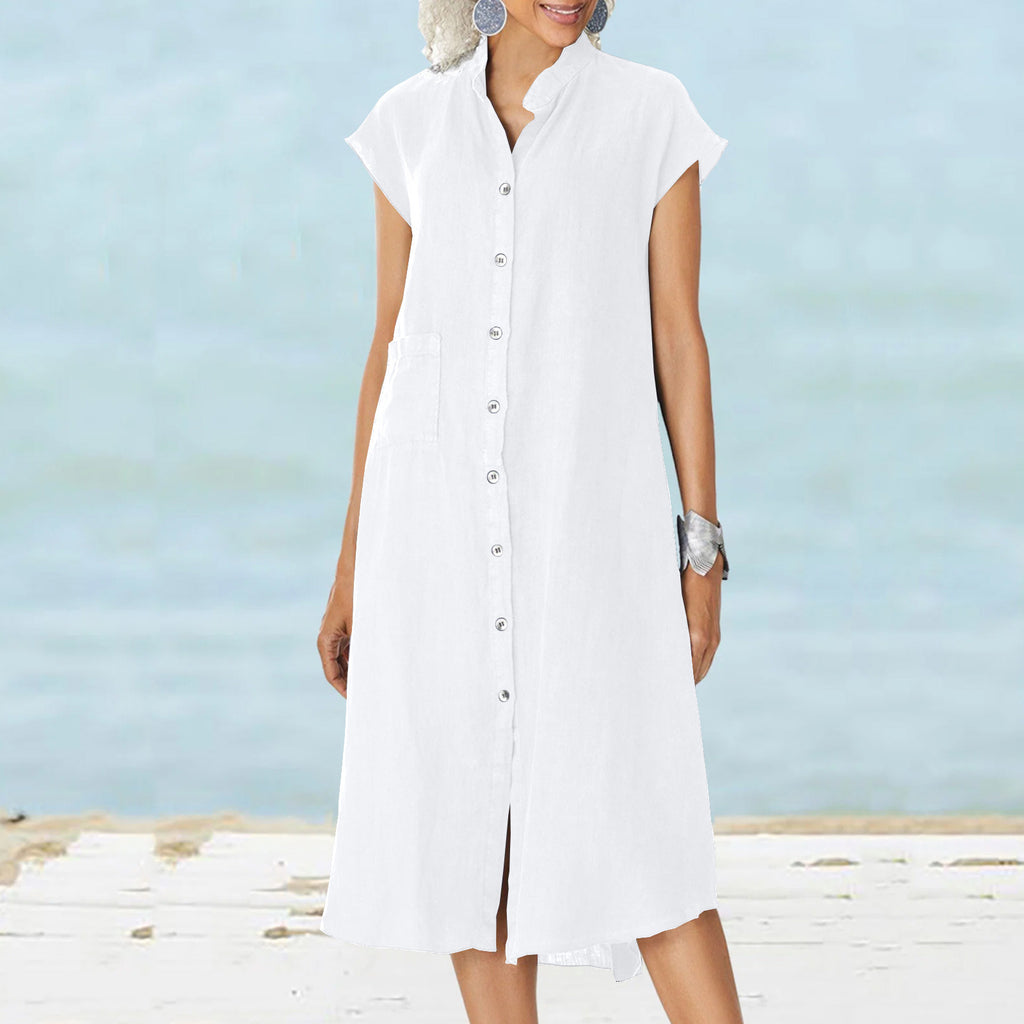 Cardigan Stand Collar Single-breasted Cotton And Linen Pocket Dress