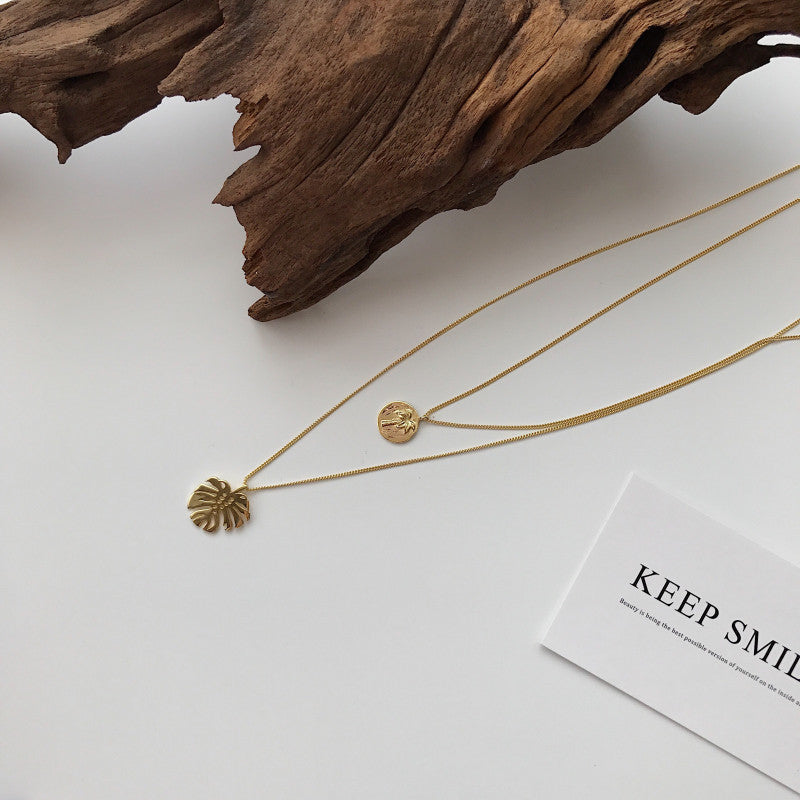 Flowing Gold Monstera Double Necklace