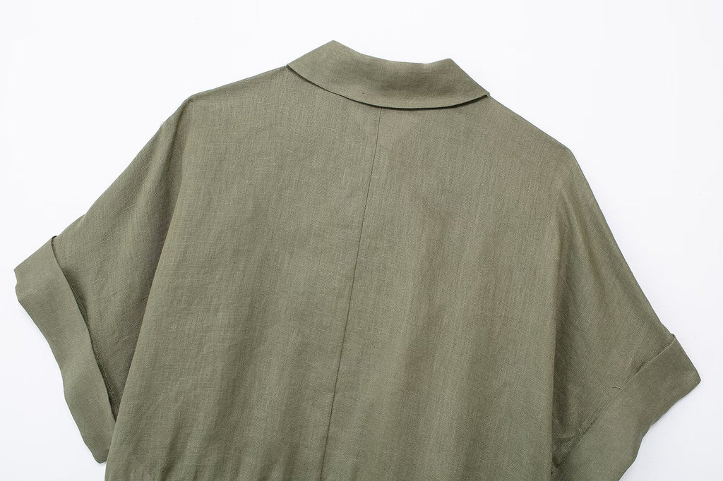 Europe And America Cross Border Women's Linen Adjustable Waist Shirt Straight-leg Pants Suit