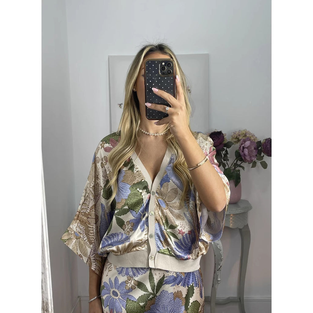 Elegant Home Satin Printed Short Sleeve Wrapped Skirt