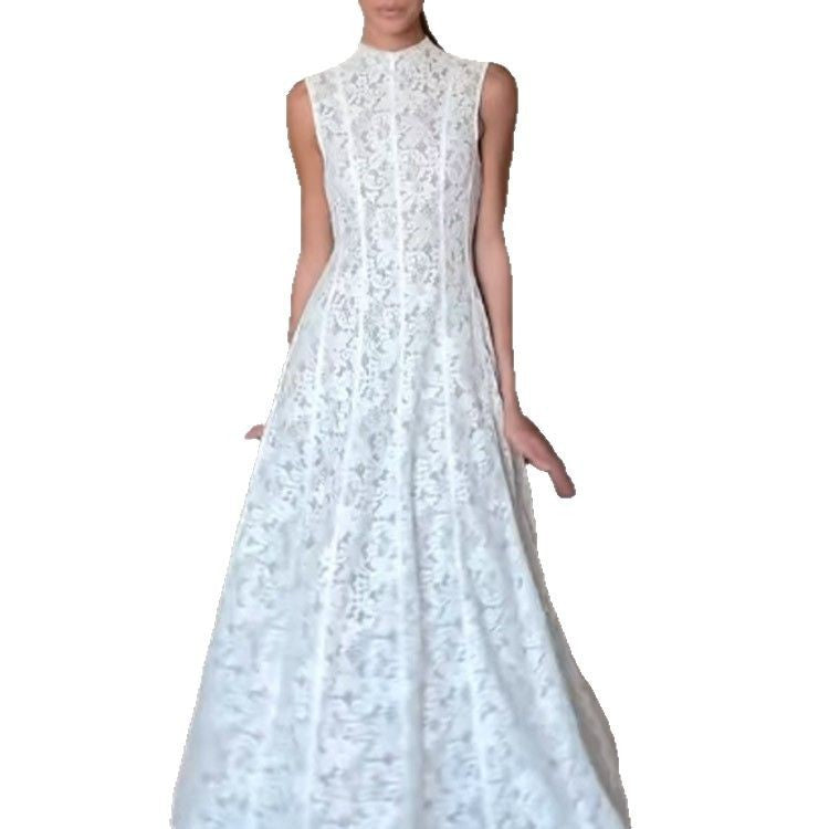 Half Turtleneck Sleeveless Lace High Waist Slim Fit Dress European And American