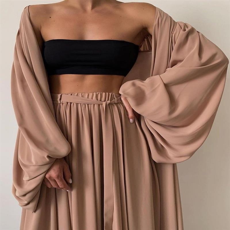 Three-piece Long Cardigan Tube Top Wide-leg Pants
