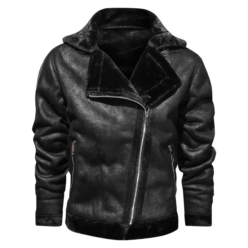 Winter lapel leather jacket plus velvet thick casual