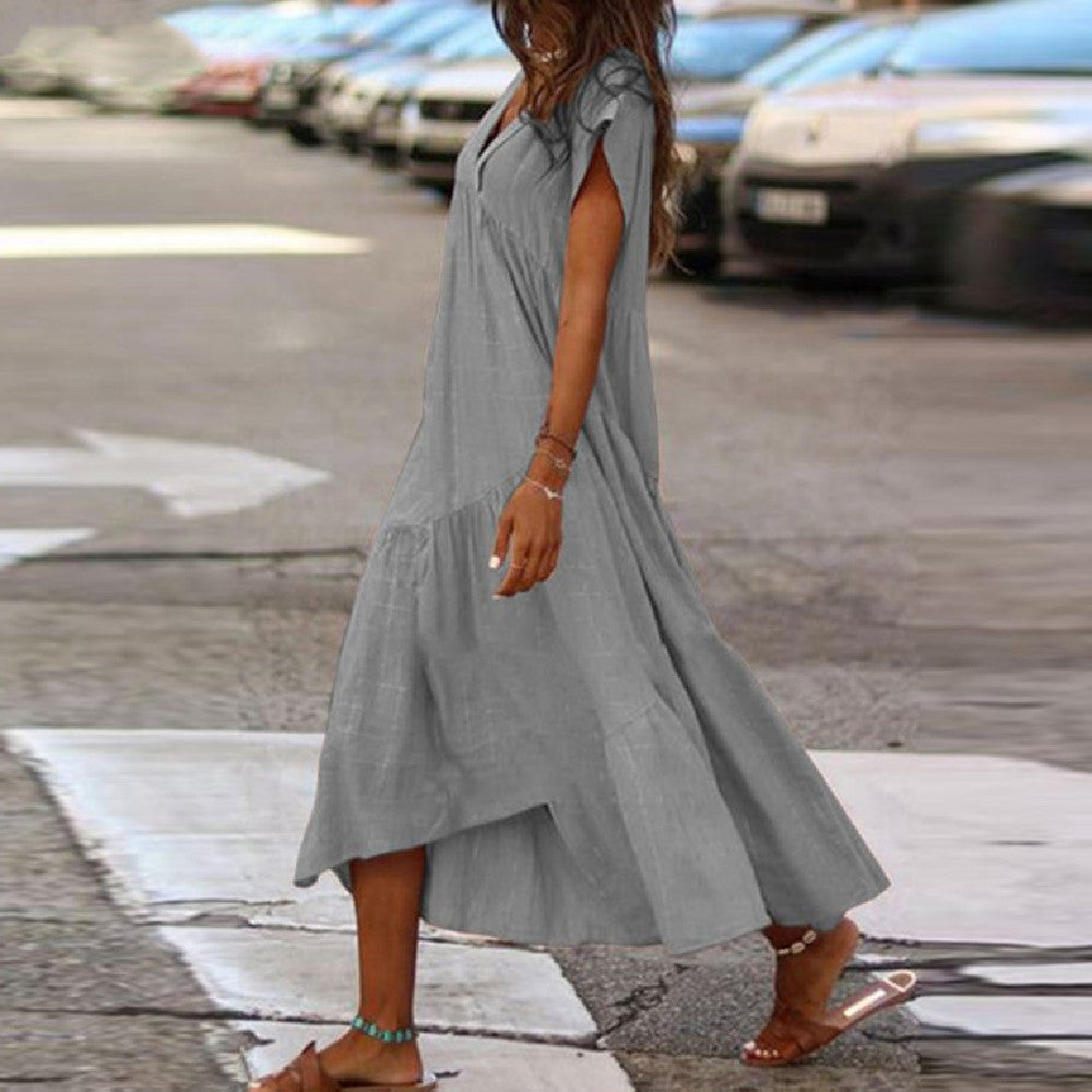 Plus Size Multicolor Cotton Linen Loose V-neck Women's Dress