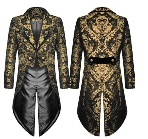 Fashion Men's Gothic Steampunk Tail Jacket Black Brocade Brocade Wedding Coat