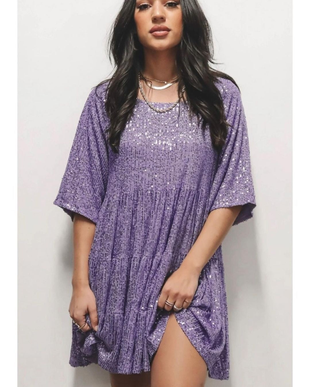 Women's Fashionable Sequins Round Neck Loose Waist Short Sleeve Dress