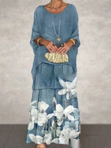 Women's Chiffon Mesh Batwing Sleeve Round-neck Long Dress