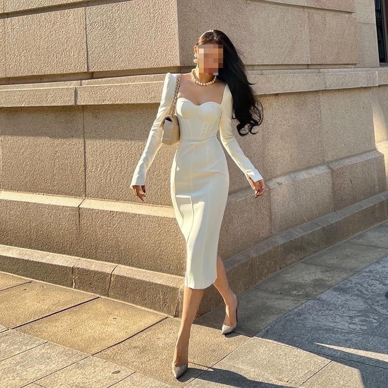 Vintage French Style Square Neck Long Sleeve Dress