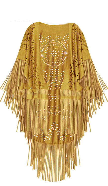 Women's Suede Hollow Fringed Short Sleeve Jacket