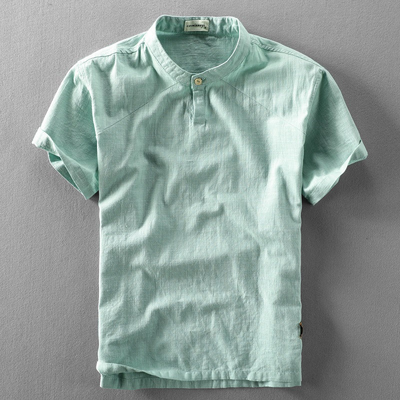 Casual Chinese Style Loose Standing Collar Cotton Linen Short Sleeved Shirt