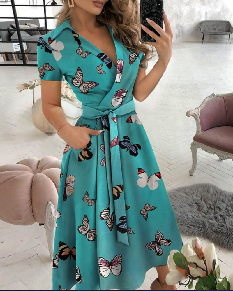 Fashion Long Sleeve V-neck Printed Sheath Dress