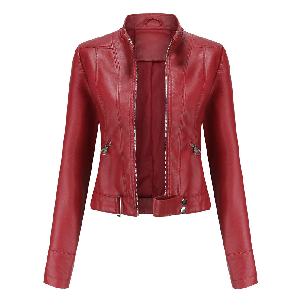 Ladies Leather Jacket With Stand-up Collar