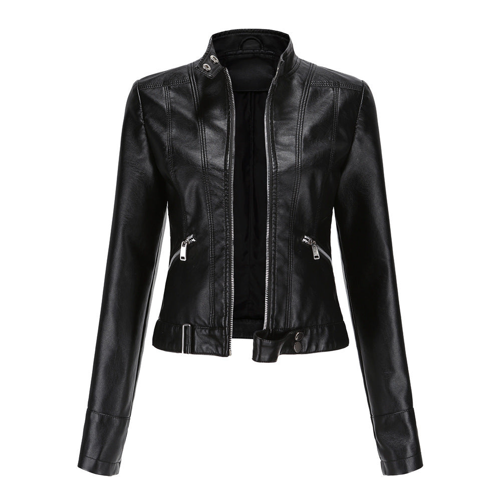 Ladies Leather Jacket With Stand-up Collar