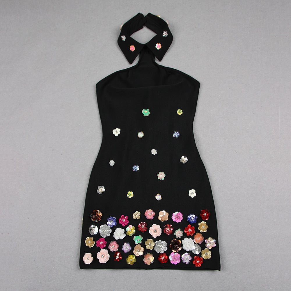 Flower Halter Bandage One-piece Dress Short