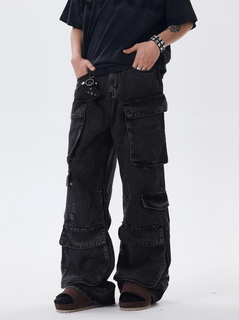Distressed Multi-pocket Jeans Loose Wide-leg Overalls
