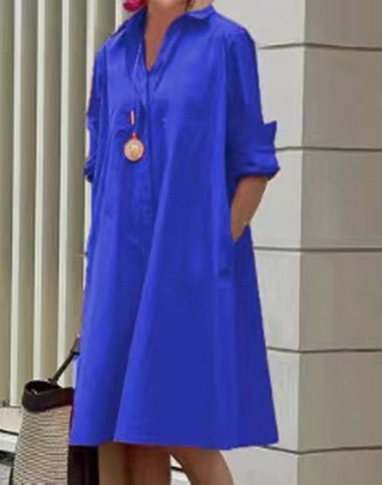 New Long Shirt Solid Color Temperament Commute Simple Lapel Cardigan Dress