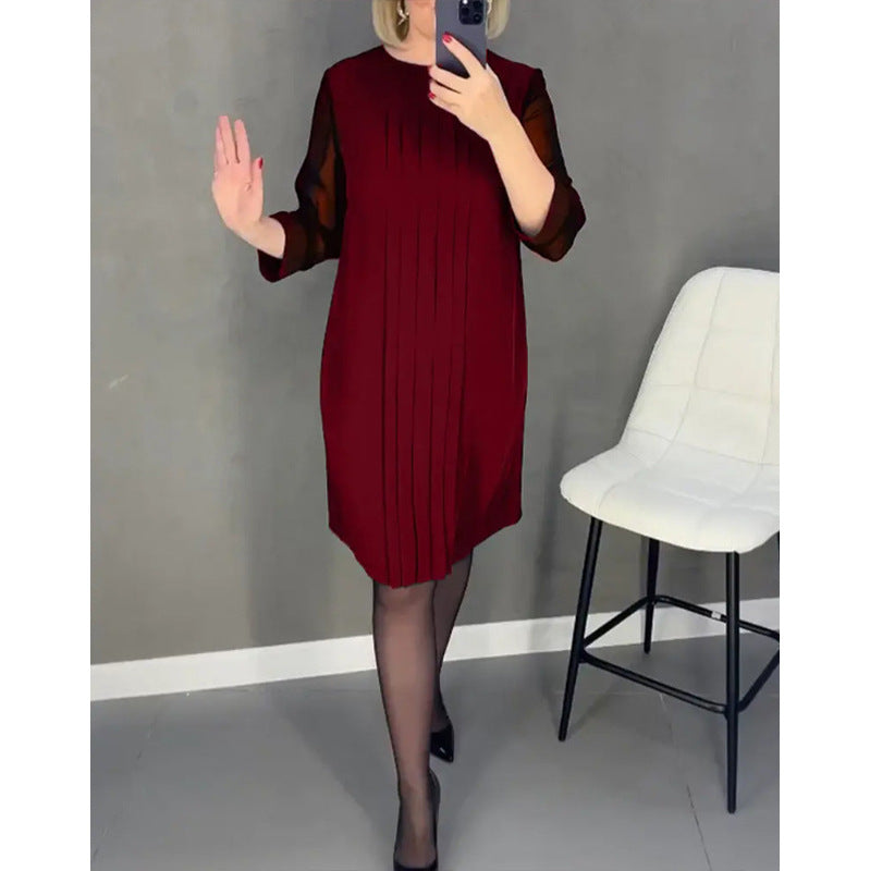 Lace Sleeve Round Neck Pleated Long Sleeve Dress Women's Clothing