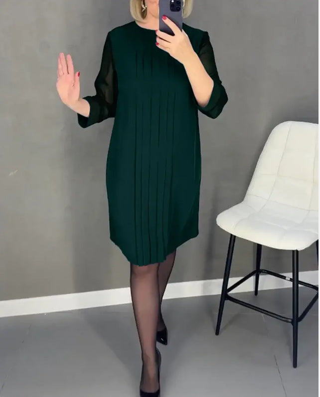 Lace Sleeve Round Neck Pleated Long Sleeve Dress Women's Clothing