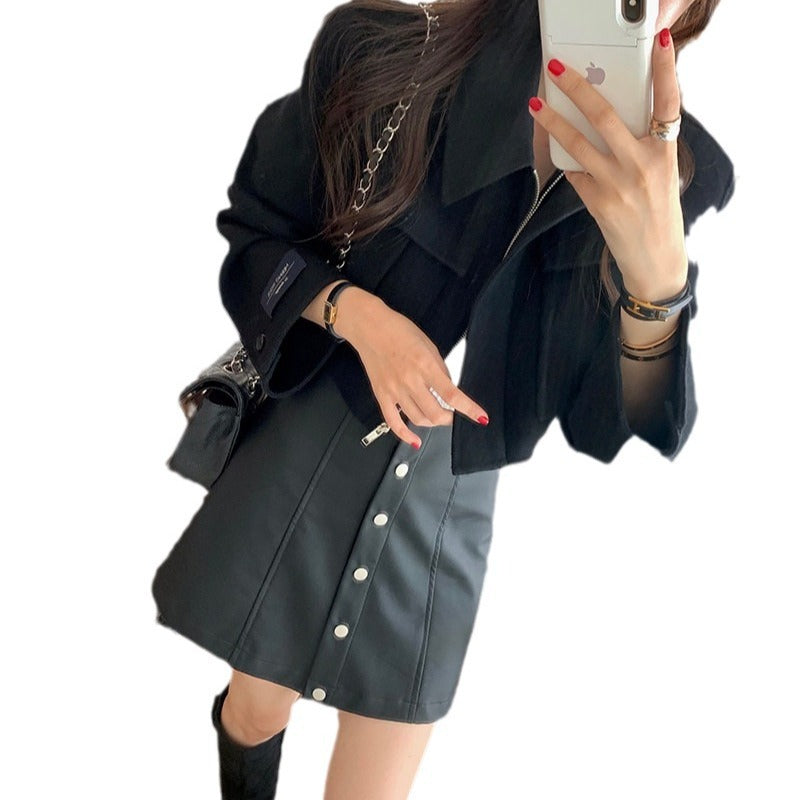 French Style Design Flap Pocket Zipper Short Woolen Coat