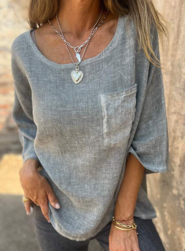 Round Neck Pullover Bat Three-quarter-length-sleeved T-shirt Pocket Color Matching