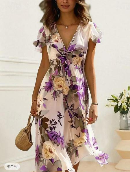 Printed Bohemian Women's V-neck Mid-length Dress Sleeveless Summer