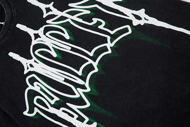 American Retro Hip Hop Washed Old Big Letter Graffiti Short Sleeve Men's Clothing