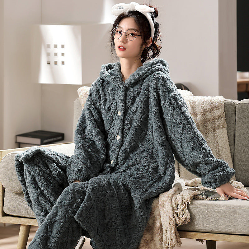 Flannel Thickened Long Jacquard Hooded Home Service Suit