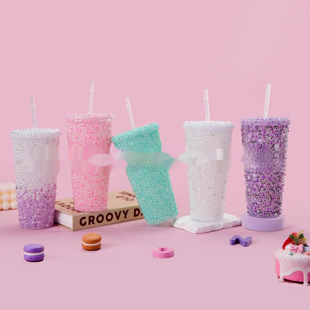 Stick-on Crystals Double-layer Large Capacity Cup With Straw